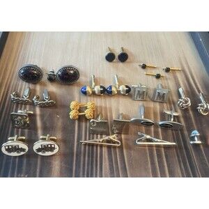 Vintage Lot of Men's Gold and Silver Toned Cufflinks, Tie Pins, And Tie Clips